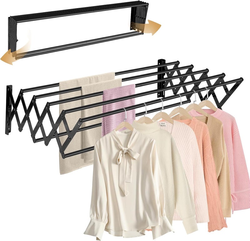 CAEXABO XL-31.5'' Wall Mounted Clothes Drying Rack, 130 lbs Large Capacity Rustproof Retractable Collapsible Drying Rack Easy Install with 7 Drying Rods, Space Saving Towel Clothes Rack for Laundry-Black - Image 1